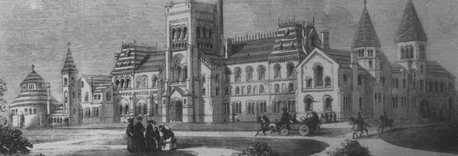 Drawing of University College with people chatting, a horse-drawn carriage, and two people on horseback