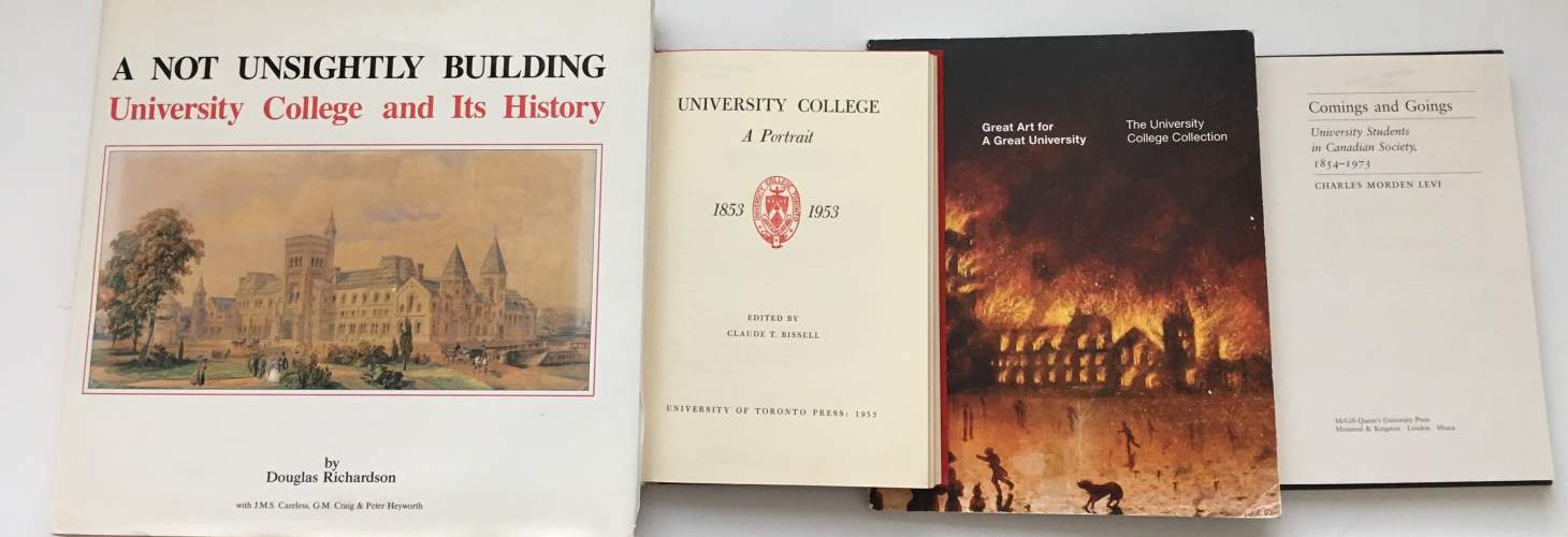 covers or title pages of four books about University College history 