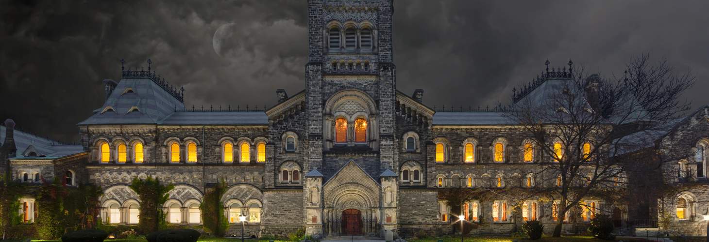 Front of UC building on a spooky night
