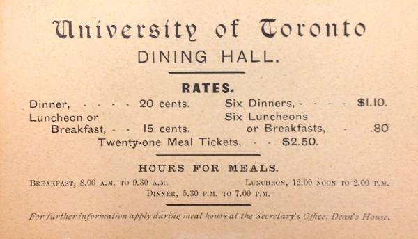 Card listing "University of Toronto DINING HALL RATES"
