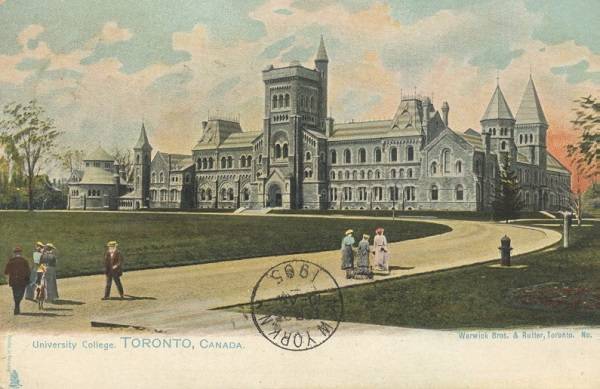 Early colour postcard showing front of University College, lawn, and pathway with pedestrians