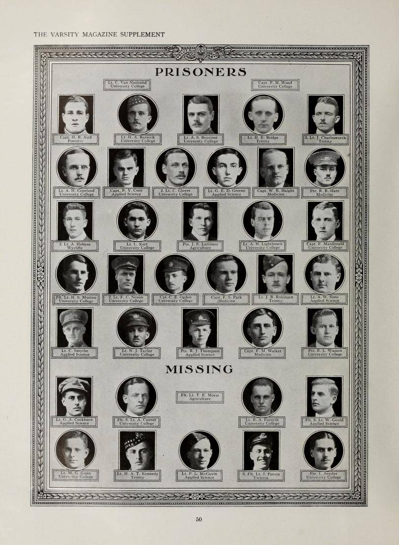Names and photos of 27 men under the heading "Prisoners" and of 9 men under the heading "Missing"