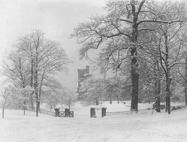 Gates and snowy park with University College in distance