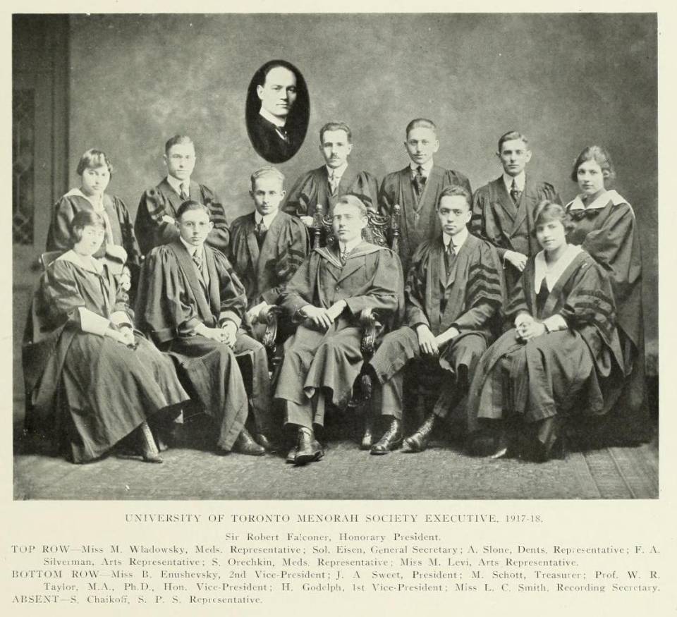 About a dozen students in academic robes, with the caption "University of Toronto Menorah Society Executive, 1917-18" and their names and positions