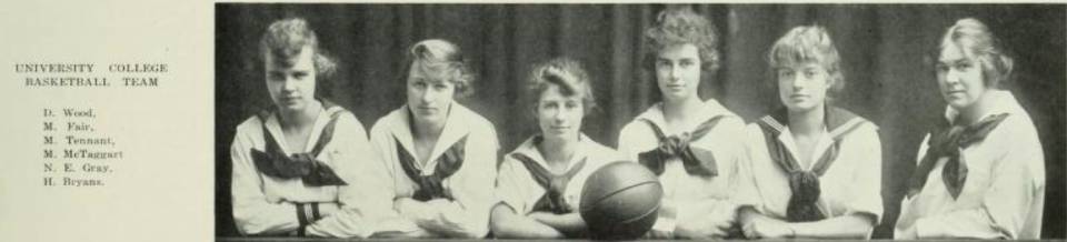 Six women and a basketball, with the heading "University College Basketball Team"