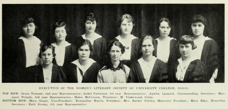 Eleven women in academic robes, with a caption listing their names and positions under the heading "Executive of the Women's Literary Society of University College, 1918-19"