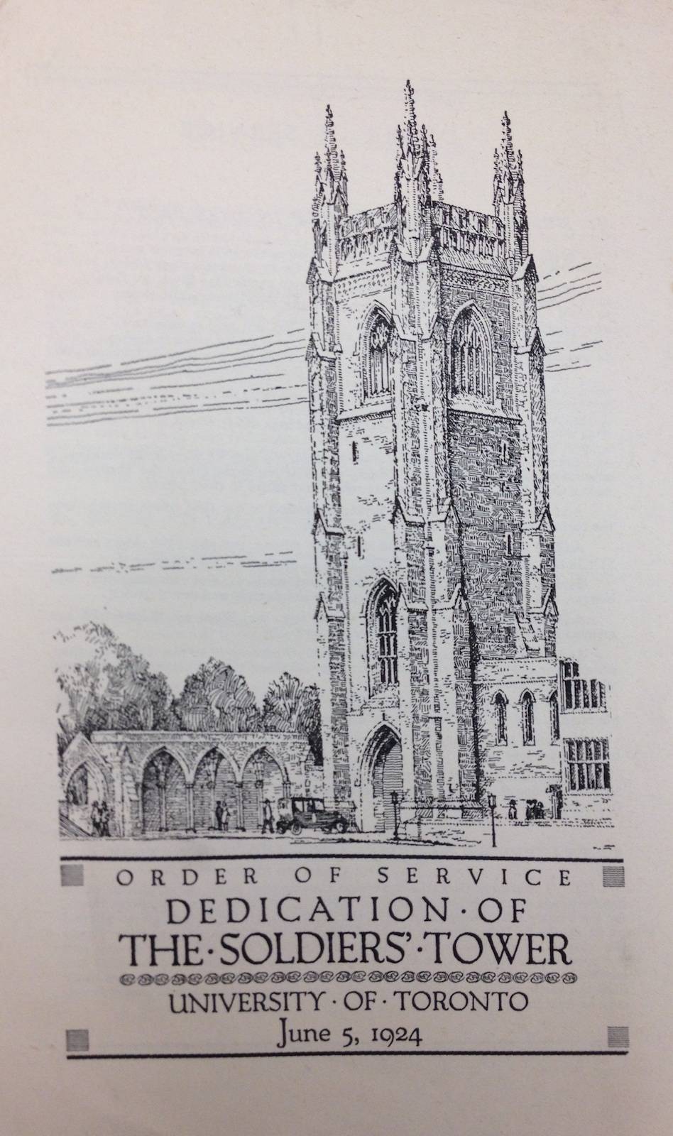 Front cover of "Order of Service, Dedication of the Soldiers' Tower", with a drawing of Solders' Tower