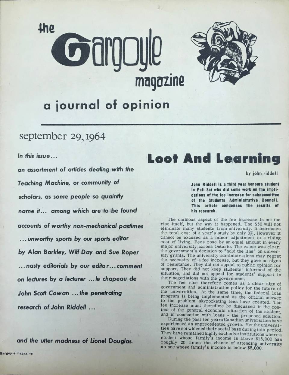 Front page of "The Gargoyle Magazine, a journal of opinion, September 29, 1964"