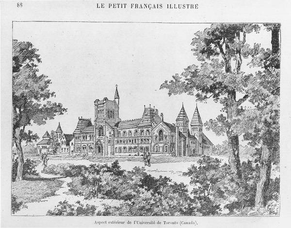 Drawing of University College in "LE PETIT FRANCAIS ILLUSTRE" with caption "Aspect extérieur de l'Université de Toronto (Canada)"