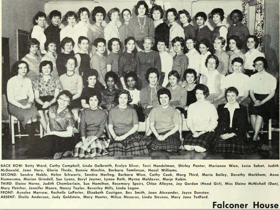 about 50 women in 4 rows, with their names listed below