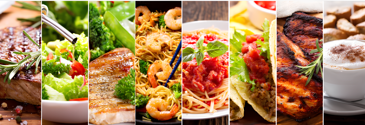 Banner with a variety of food for the UC food webpage.