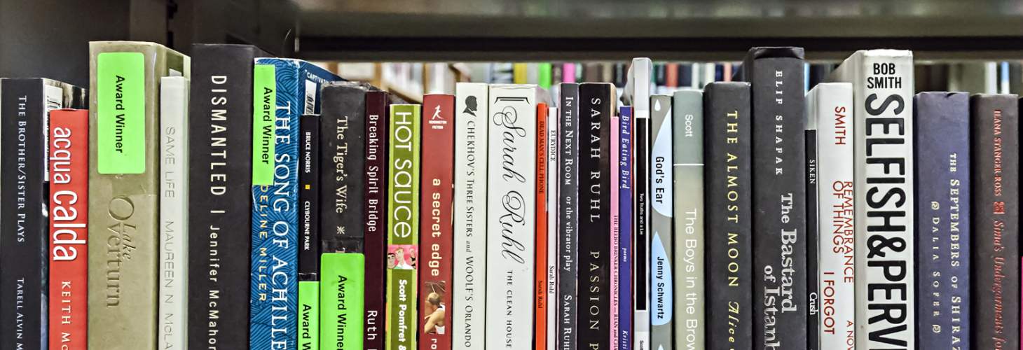 shelf of books including several with an "Award Winner" label