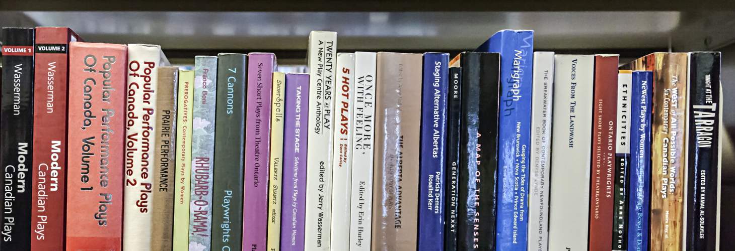 shelf of books related to drama