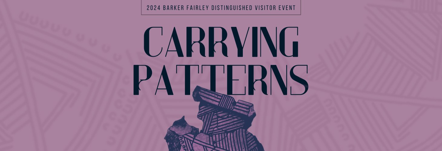 purple image graphic of "Carrying Patterns" text with archaeological fragment in purple
