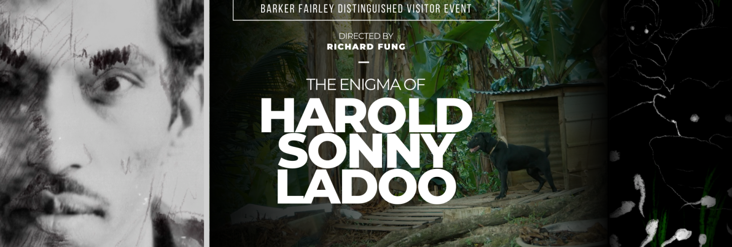 Event title in white text overlaying sketch of ladoo, black dog in shed on caribbean island, and illustration of ghosts