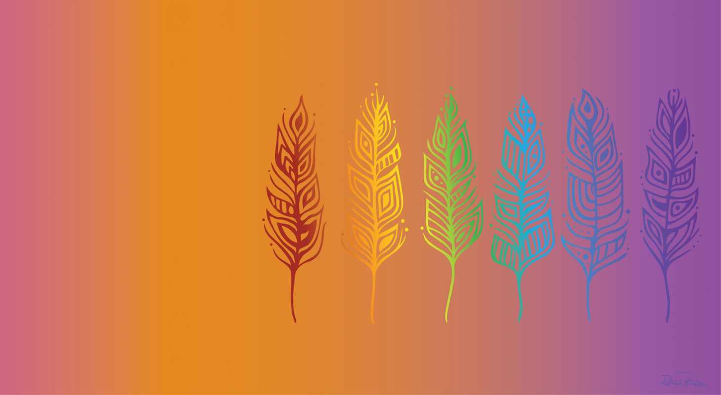 Feathers against a rainbow background
