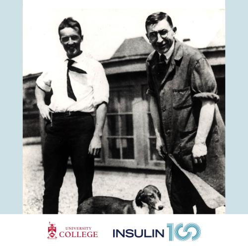 Black & White archival photo of two male scientists standing outside UC with their dog