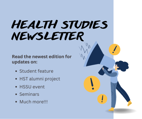 Health studies newsletter written in black with blue background