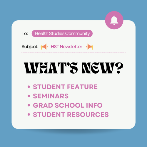 a white email draft image with what's new written in black text and student feature, seminars, grad school info and student resources in pink text