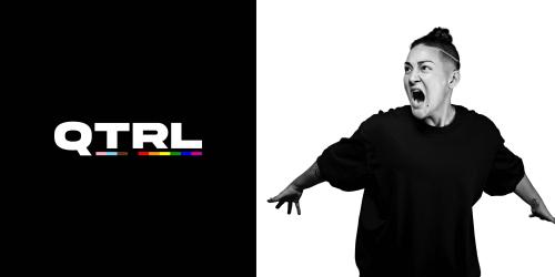 Black and white photo of opera singer with mouth wide open as if screaming, placed beside QTRL text-logo