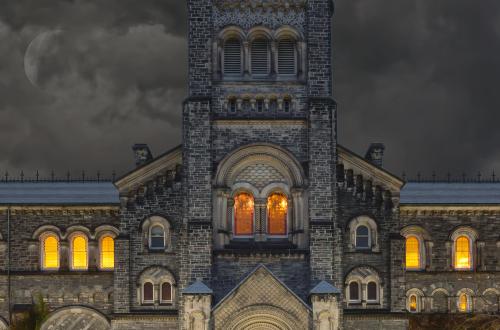 Spooky UC building enterance at night