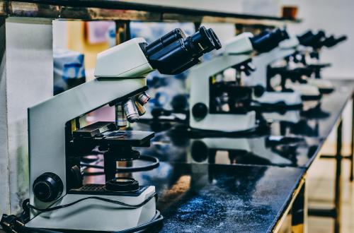 Several microscopes on a black table