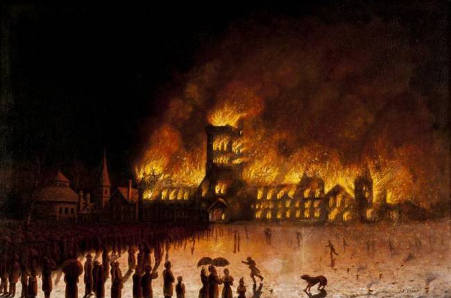 painting of University College on fire in 1890