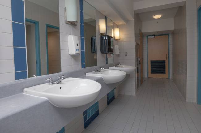 all-gender washroom in morrison hall showing sinks and mirrors