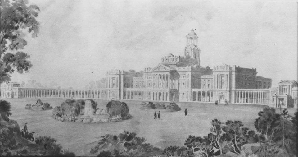 sketch of a large, grand building with lawn and trees
