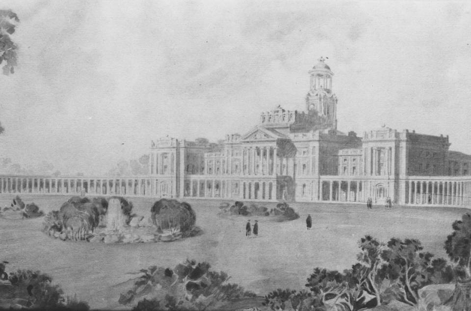 sketch of a large, grand building with lawn and trees