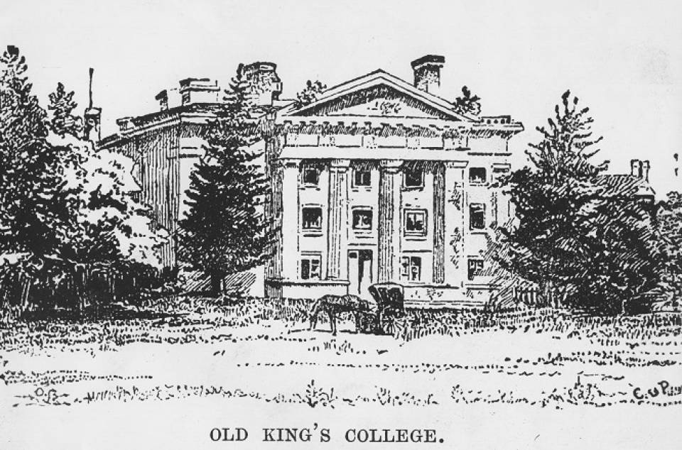 drawing of building with horse and buggy, with caption OLD KING'S COLLEGE