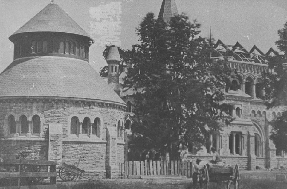 Croft Chapter House and partially constructed building with carriage and two men in front