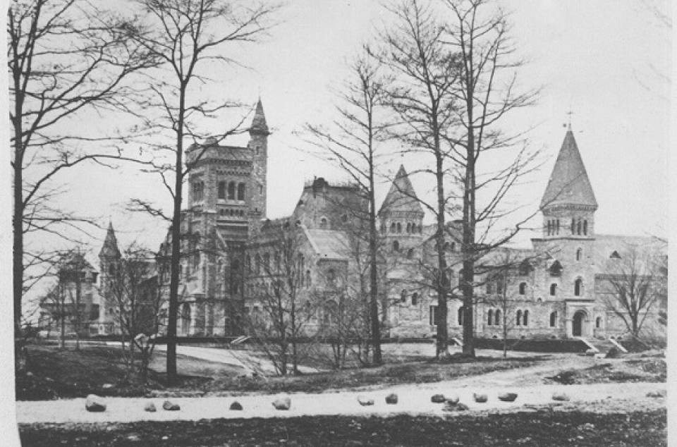 University College in background, road with rocks in foreground, trees