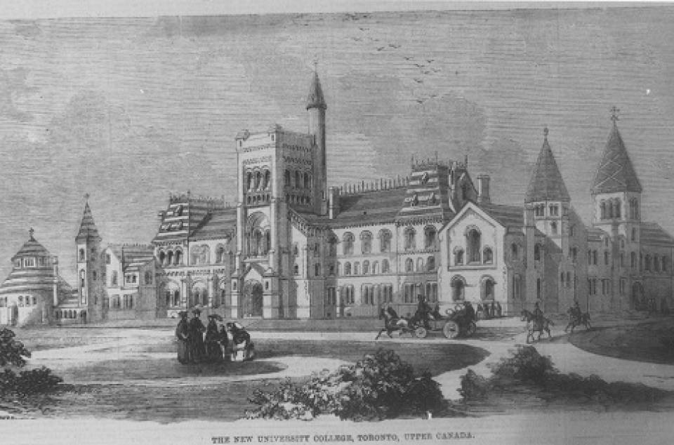 Drawing of University College with people chatting, a horse-drawn carriage, and two people on horseback