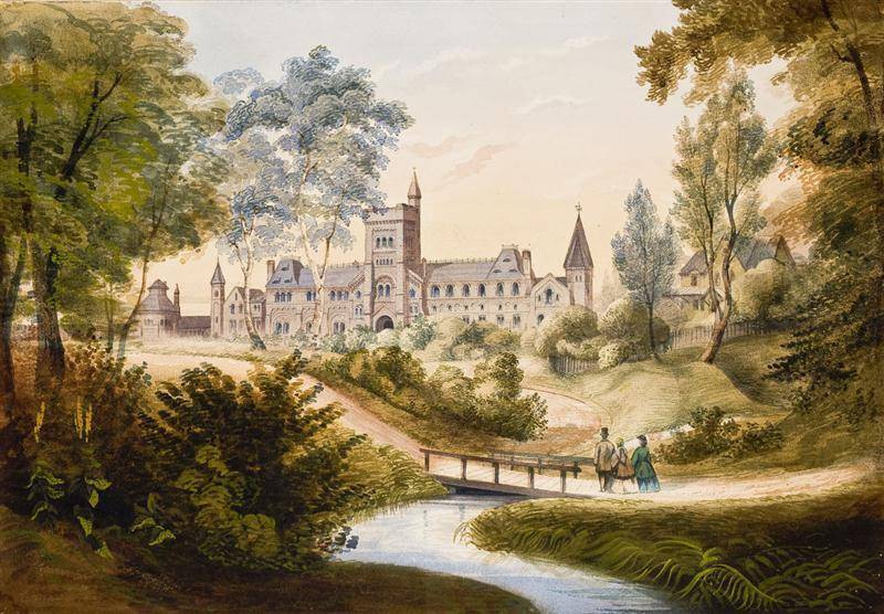 Painting showing University College in the distance; in the foreground are a creek, a bridge, trees, and three people.