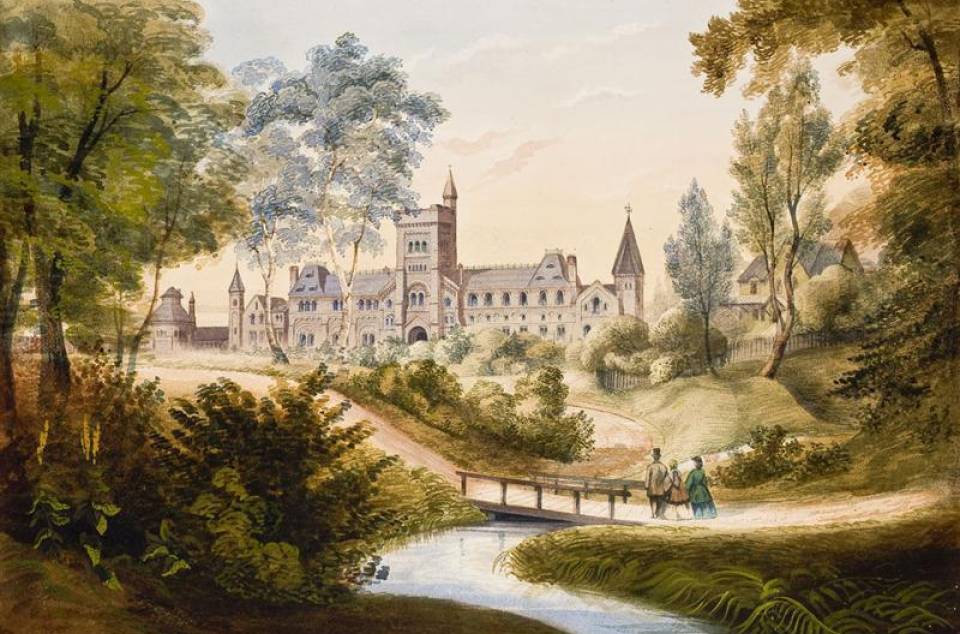 Painting showing University College in the distance; in the foreground are a creek, a bridge, trees, and three people.