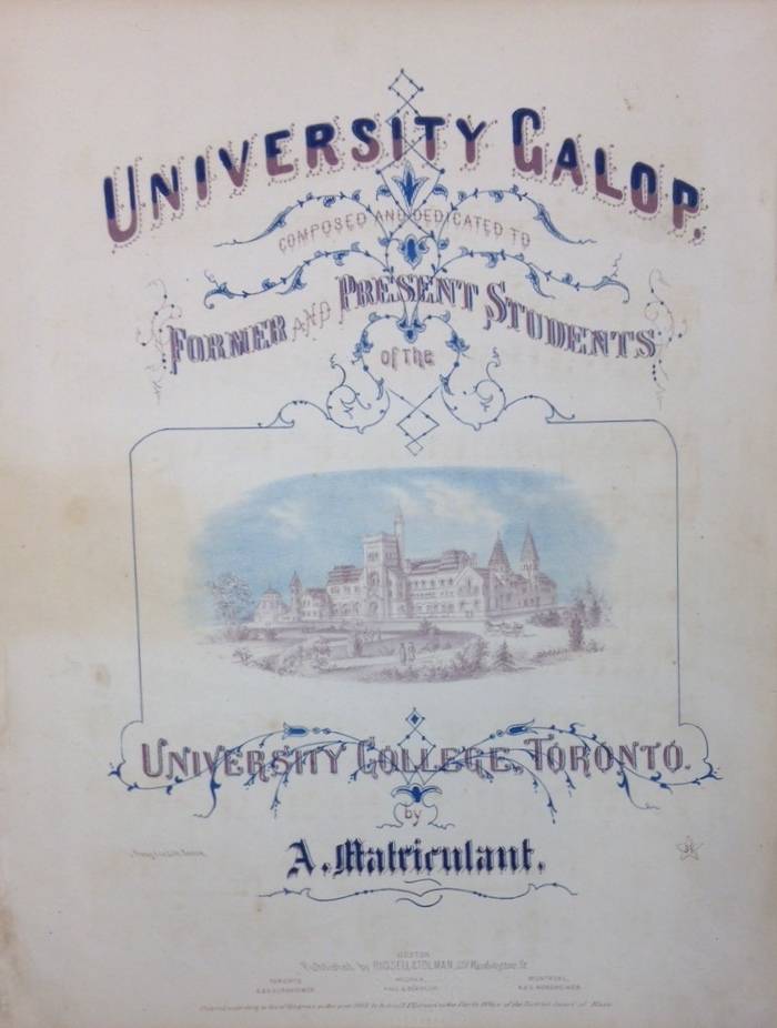 Cover of song sheet with title "University Galop", dedication, and drawing of University College