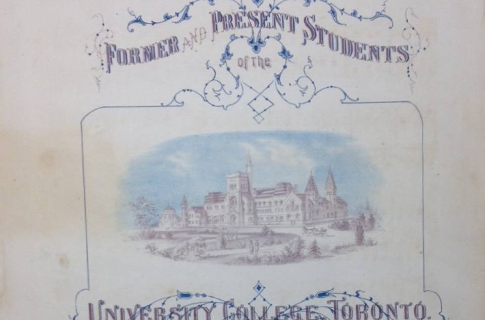 Cover of song sheet with title "University Galop", dedication, and drawing of University College