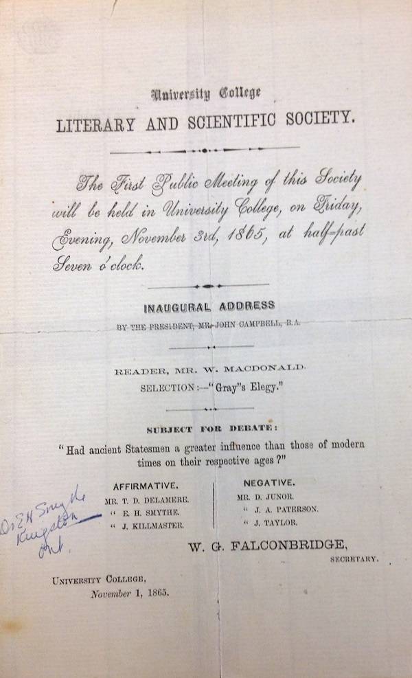 Invitation to a Nov. 3, 1865 meeting of the University College Literary and Scientific Society