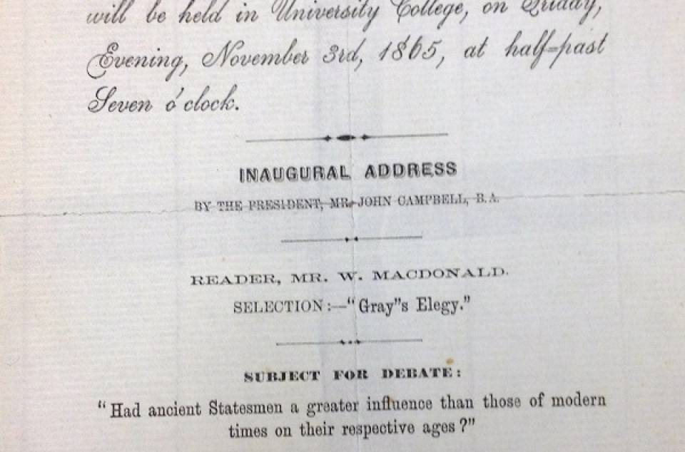 Invitation to a Nov. 3, 1865 meeting of the University College Literary and Scientific Society