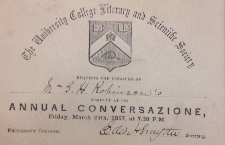 invitation to the University College Literary and Scientific Society's Annual Conversazione, March 29, 1867