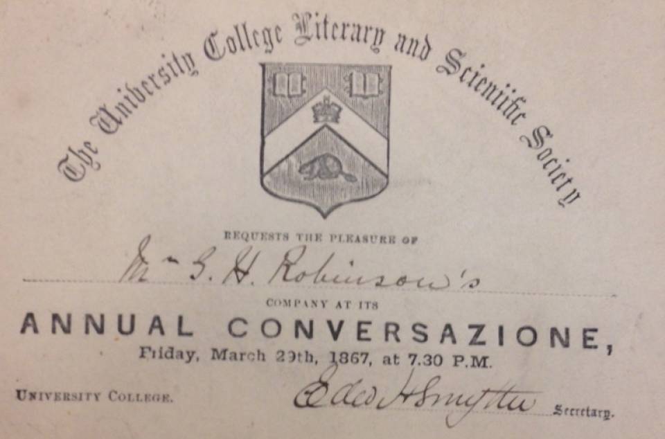 invitation to the University College Literary and Scientific Society's Annual Conversazione, March 29, 1867