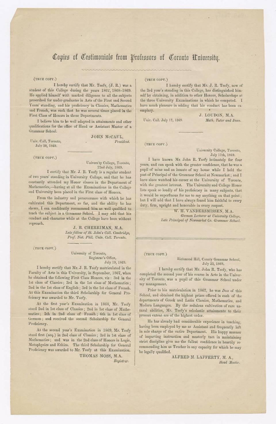 Page containing five letters of recommendation under the heading "Copies of Testimonials from professors of Toronto University"