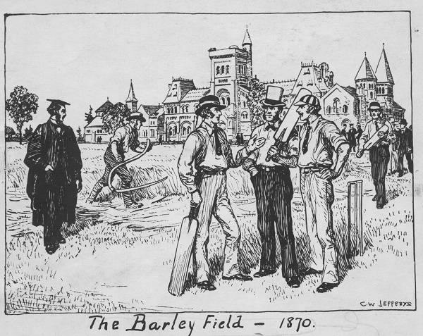 Drawing of cricket players and an agricultural worker in front of University College with caption "The Barley Field - 1870"