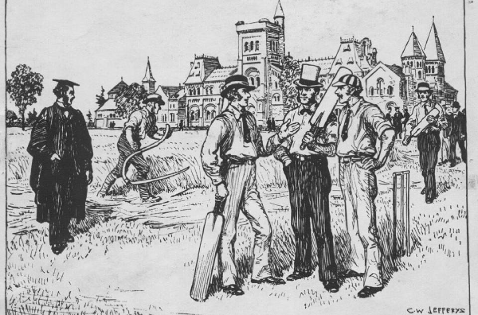 Drawing of cricket players and an agricultural worker in front of University College with caption "The Barley Field - 1870"