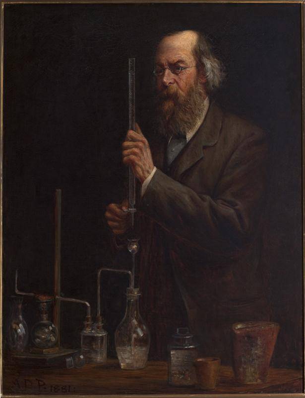 painting of an older, bearded man in a chemistry lab