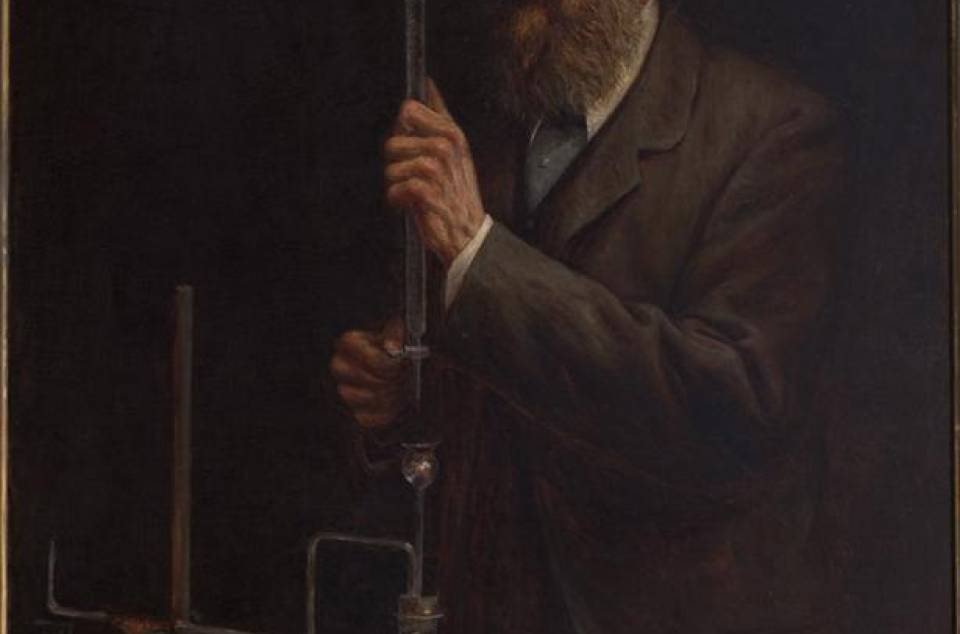 painting of an older, bearded man in a chemistry lab