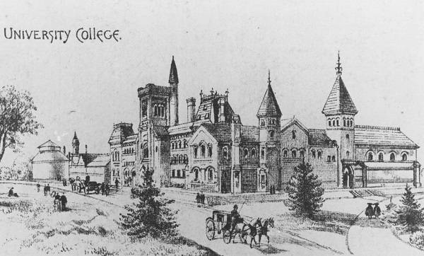 drawing of college with two horse-drawn carriages and pedestrians, with caption "UNIVERSITY COLLEGE"