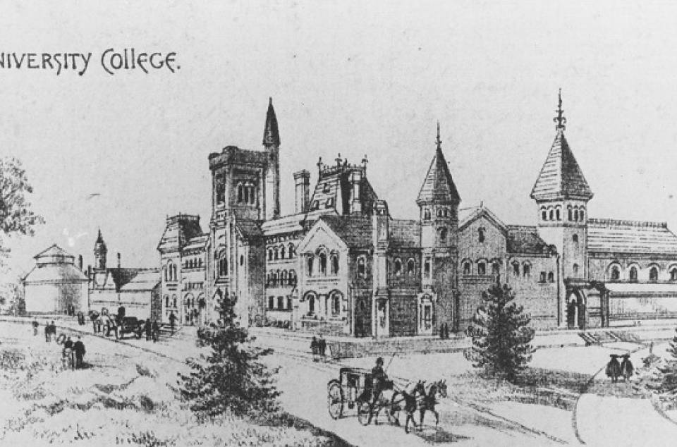 drawing of college with two horse-drawn carriages and pedestrians, with caption "UNIVERSITY COLLEGE"