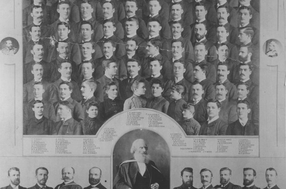 Montage of photos of 86 students and 18 professors